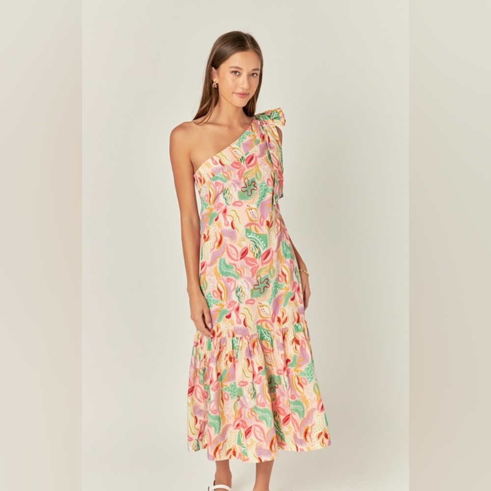 NWT - English Factory Cotton Printed Floral One Shoulder Midi Dress - Size L
